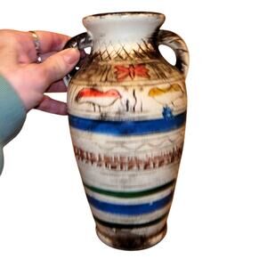 Vtg Handcrafted Ceramic Pottery Vase Folk Art Birds Primative Rustic Farmhouse